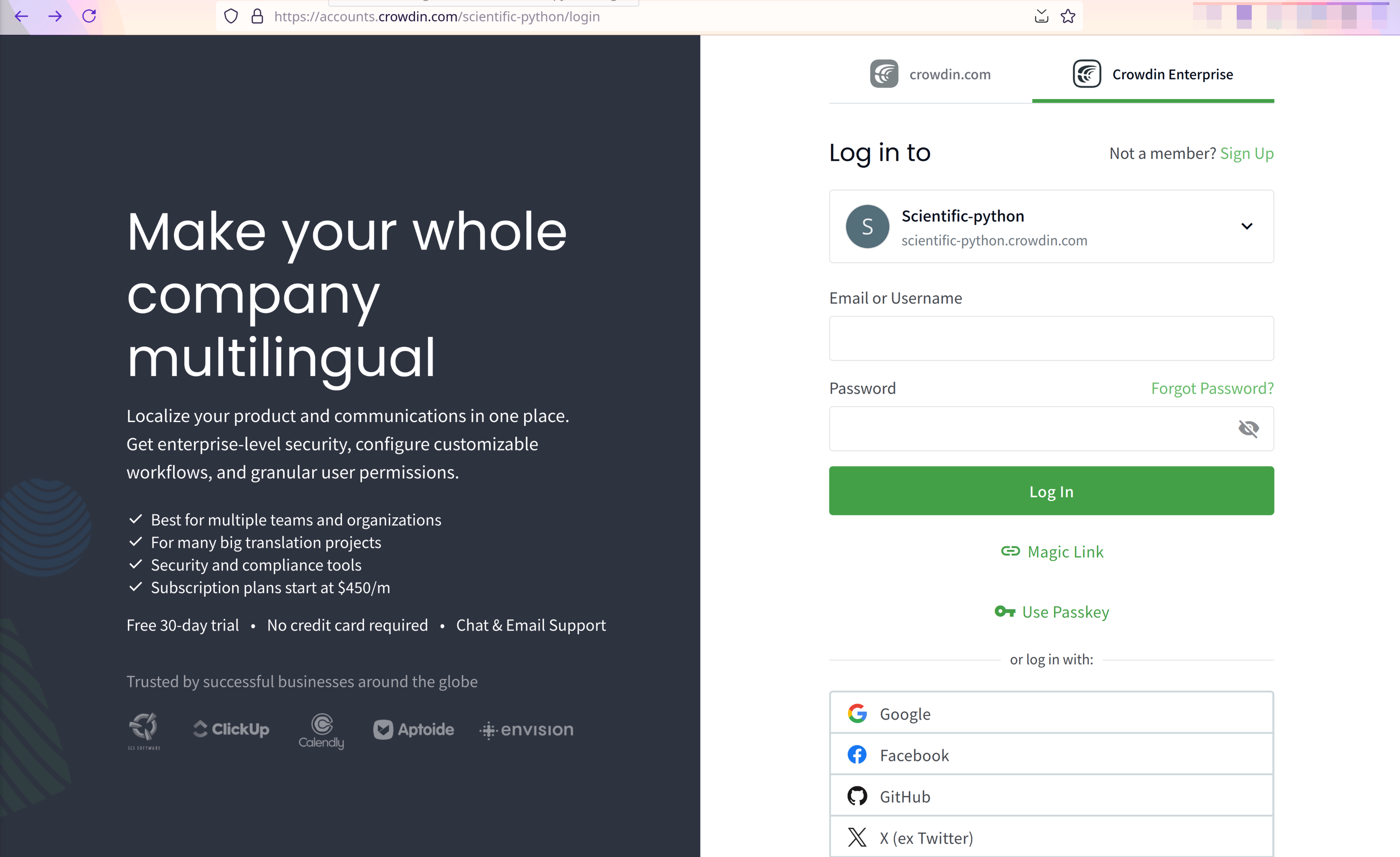 Crowdin login page showing the options of creating a new username and password, and logging in with multiple services such as Google, Facebook, GitHub and Twitter.