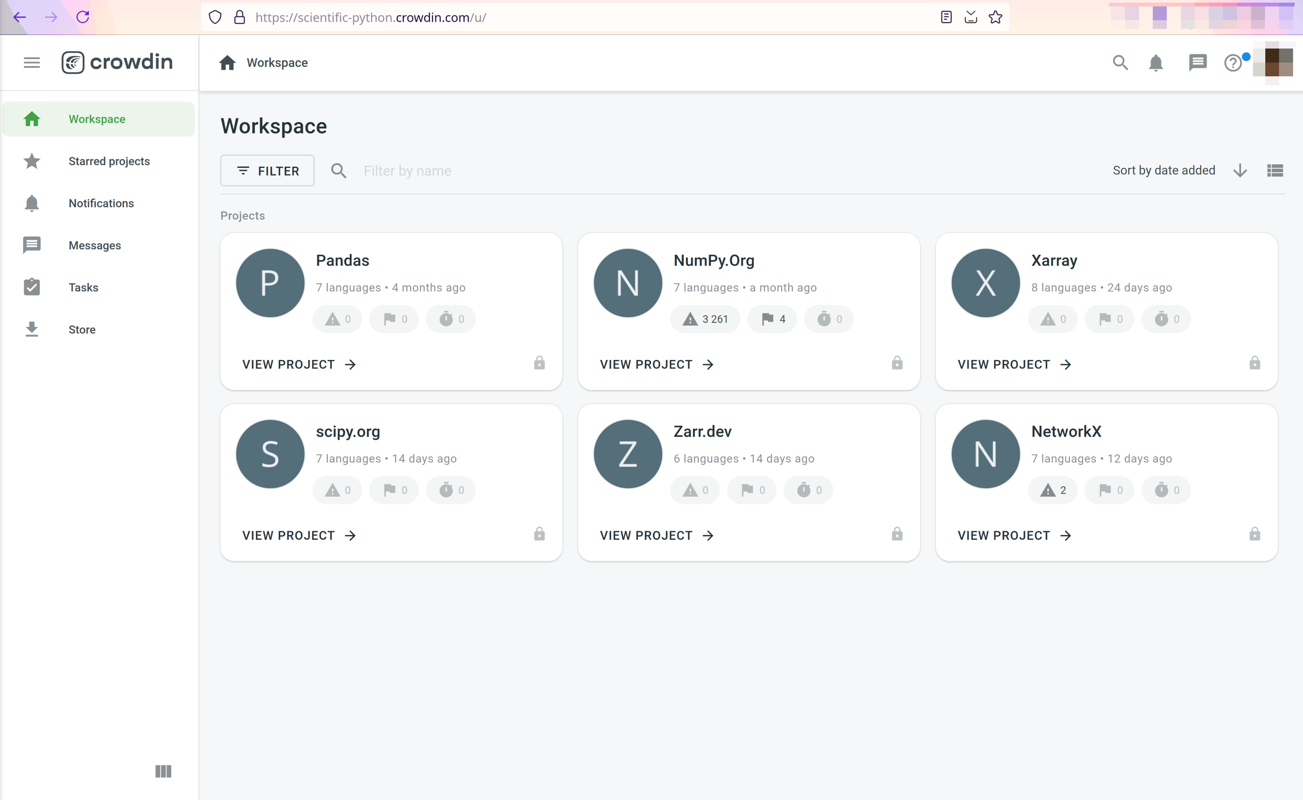 Crowdin workspace showing a user dashboard and 6 cards with a few Scientific Python projects' websites: Pandas, NumPy.org, Xarray, scipy.org, Zarr.dev and NetworkX.