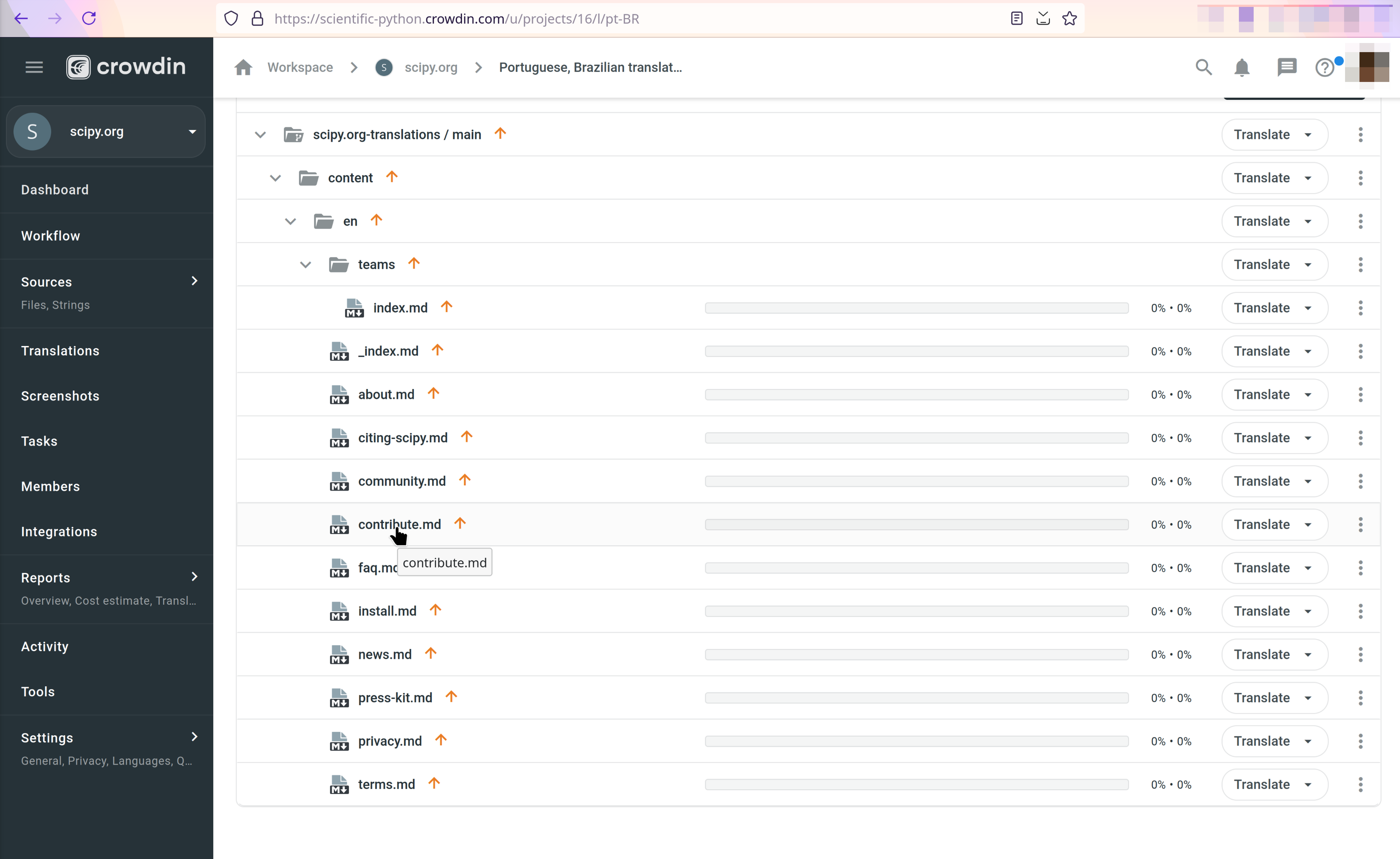 Crowdin dashboard showing the SciPy.org project with a list of files to translate, including index.md, contributing.md, and other Markdown files.