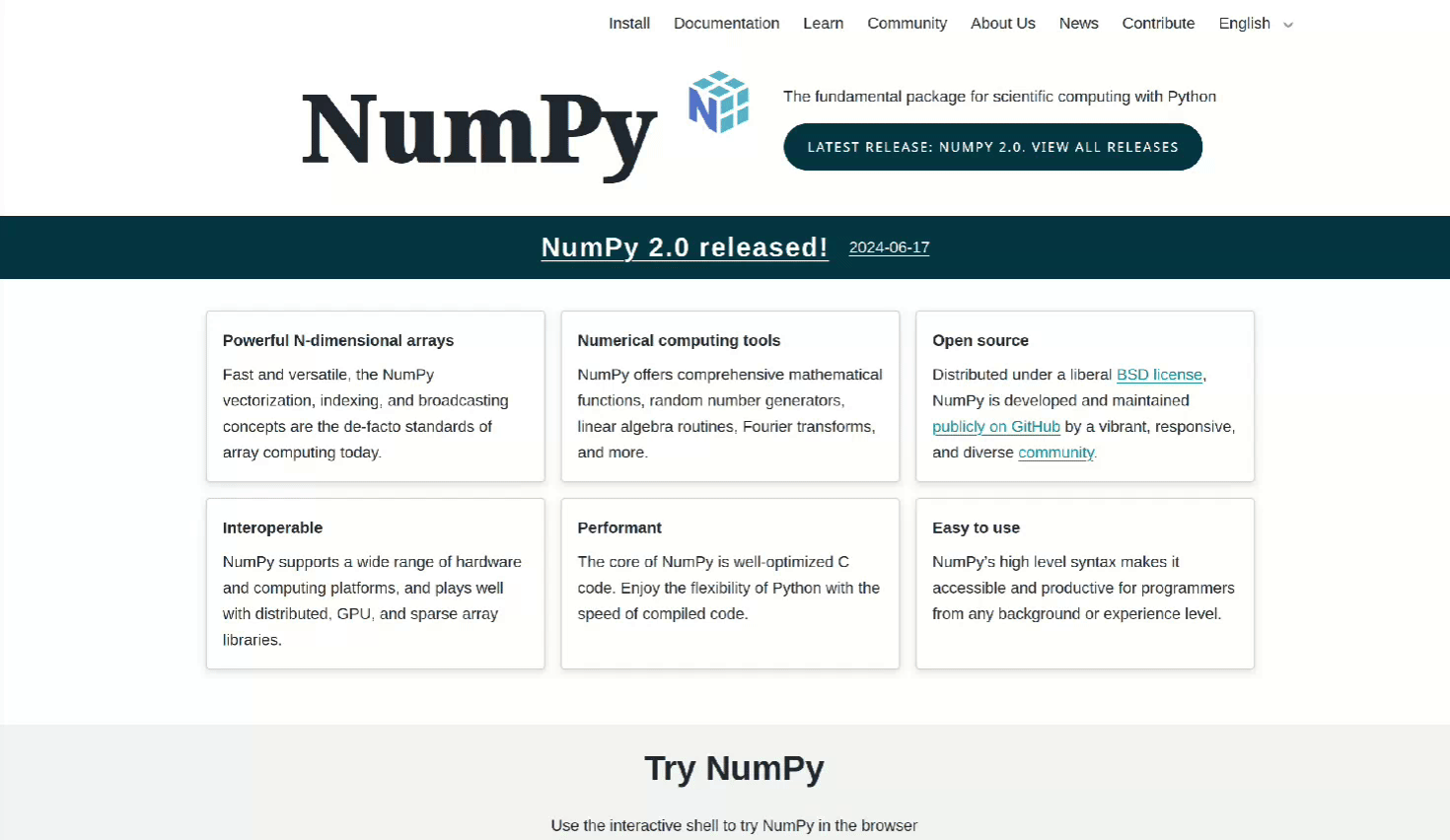 NumPy website showing the top right corner with a language switcher. The user can select between Brazilian Portuguese and Japanese.