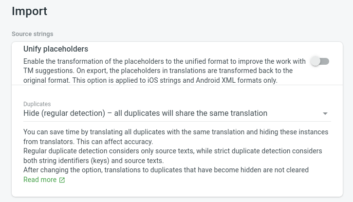 Screenshot of the Crowdin Settings showing the 'Hide (regular detection)' option.