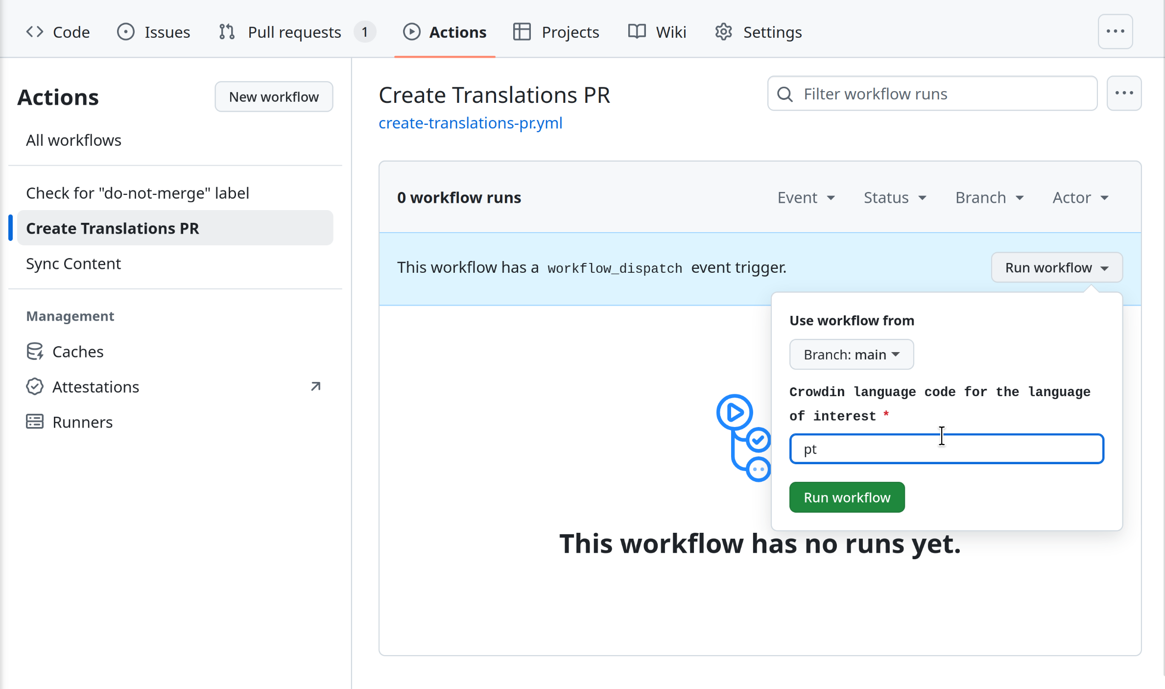 Screenshot of the Run workflow dialog from GitHub, with an input field labeled Crowding language code for the language of interest